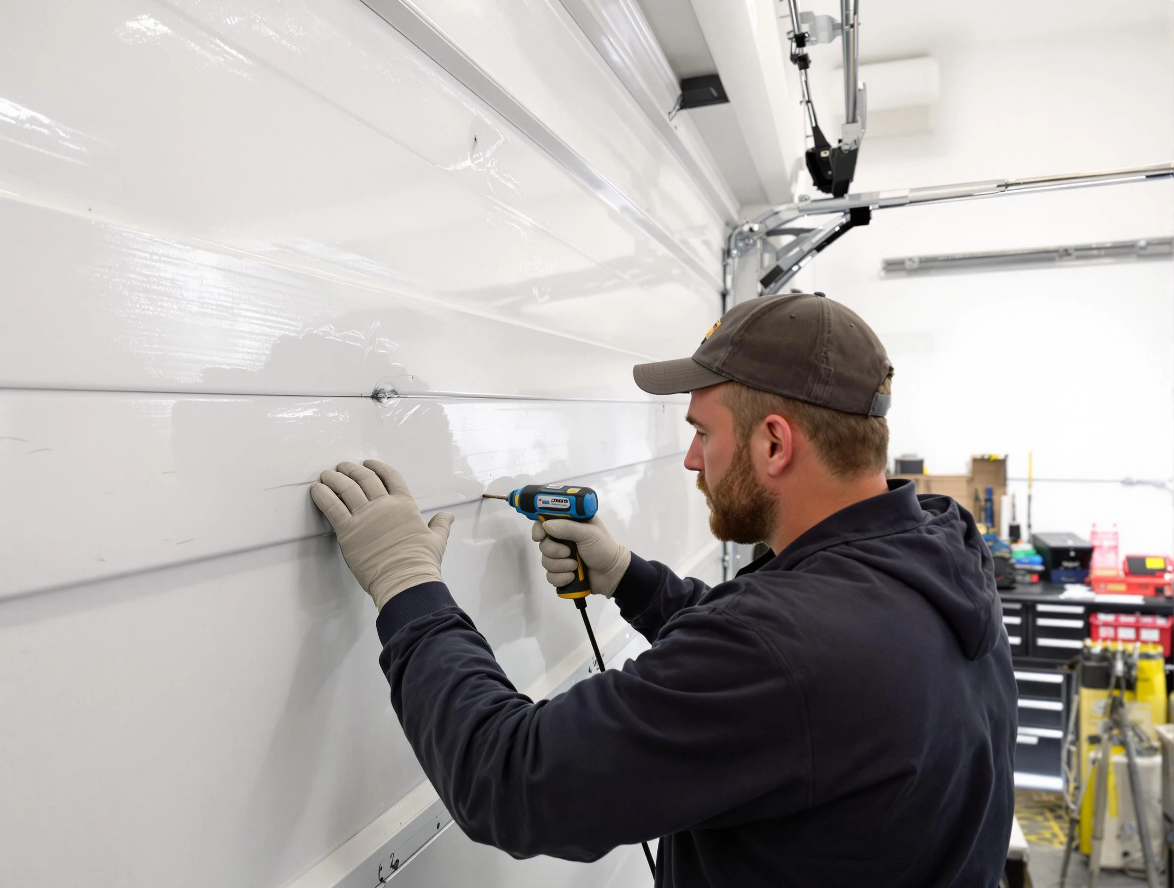 Allison Park Garage Door Repair technician demonstrating precision dent removal techniques on a Allison Park garage door